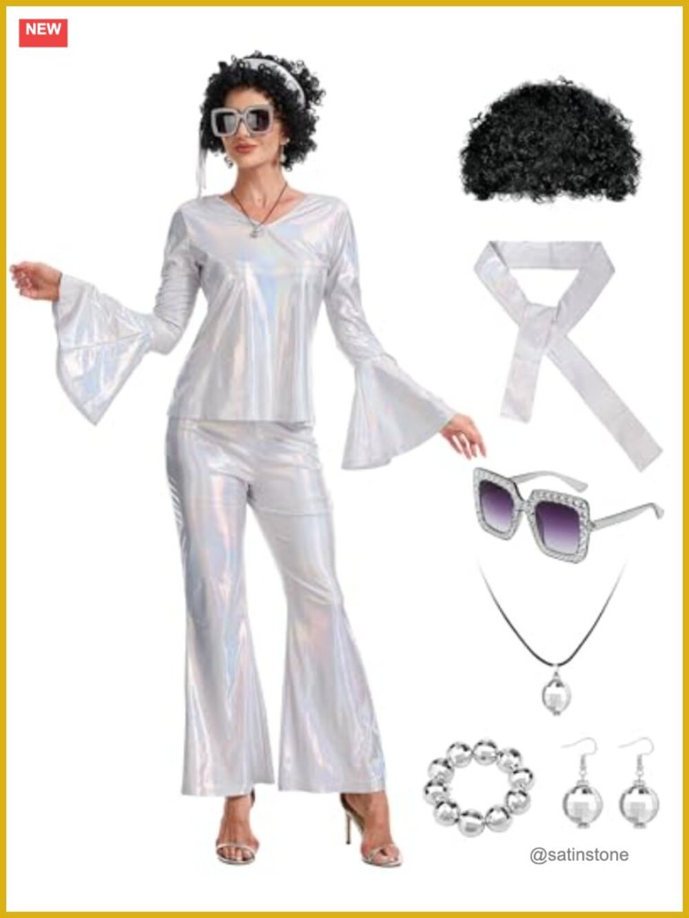 70s Disco Costume Set Sequin Top Bell Bottom Pants Wig Retro Party Outfit